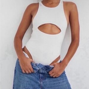 For Love‎ & Lemons White Ribbed Cutout Sleeveless Thong Bodysuit Size Large